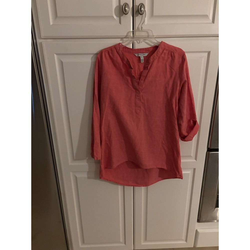 Ellen Tracy Linen Blend Coral Pink Roll Tab Sleeve High Low Tunic Blouse Large